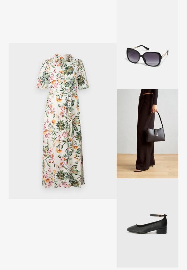 Cvečni midi korzet z kratkimi rokavi, gumbom spredaj in s pasom. Ima belo ozadje z večbarvnimi cvetovi in zelenimi listi.; Črne usnjene pumpice z nazobčanimi prsti in nizko blokasto peto. Imajo trak okoli gležnja z zaponko v zlatem tonu. Gladka tekstura.; Črne prevelike sončne očala z degradacijskimi lečami, debelimi okvirji in zlatimi verižicami na ročajih.; Črna torbica z strukturirano obliko, gladko teksturo in kovinskim zaponko. Ujemajo se z širokimi črnimi hlačami in odprtimi sandali na lesenem tleh.