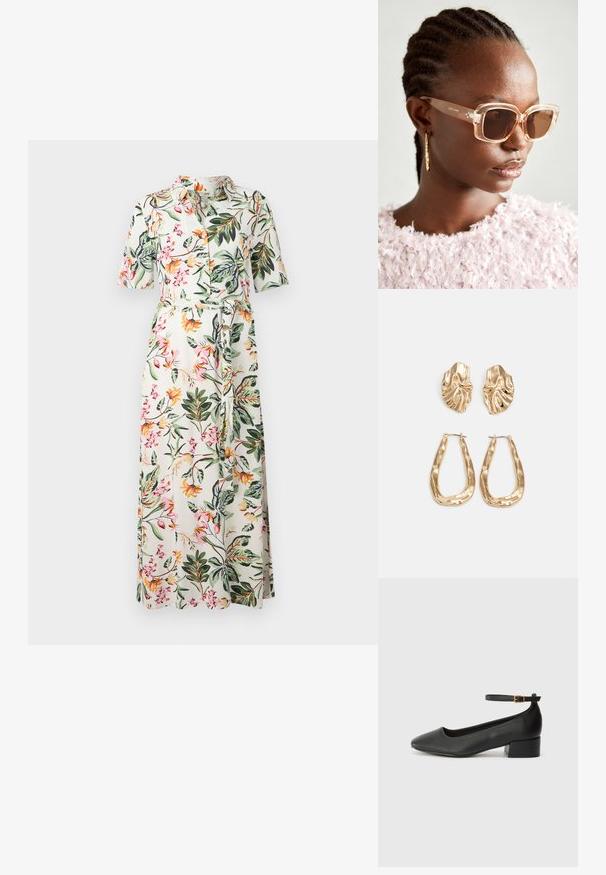 Blomstrete midikjole med kort ermer, knappefront og belte i midjen. Har en hvit bakgrunn med flerfargede blomster og grønne blader.; Sorte skinnpumper med spiss tå og lav blokkhelt. Har ankelrem med gullfarget spenne. Glatt tekstur.; Beige oversized solbriller med klar ramme og brune tonede linser, med subtile blomsterdetaljer og dristig, geometrisk design.; Gullfargede øredobber med teksturerte, bølgete former. Inkluderer skulpturelle klipsstuds og åpen hoop-design med en hamret finish.