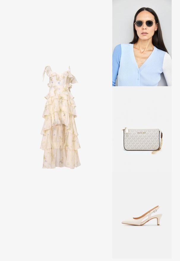 Virágmintás ruha rétegezett fodrokkal, spagetti pántokkal és aszimmetrikus szegéllyel. Könnyű, eldobható anyagból készült, lágy krém és pasztell színekben.; Fehér slingback sarok, hegyes orral, sima felső anyaggal, alacsony blokk sarkával és oldalsó kivágott dizájnnal, állítható csatpánttal.; Kerek napszemüveg sötét lencsékkel és arany kerettel. A modellen világoskék, bordázott kardigán van gombokkal és kontrasztos fehér ujjaival.; Michael Kors bézs bevonatos vászon karkötő, amely ismétlődő MK logó mintával, aranyszínű fémrészletekkel és levehető lánchordóval rendelkezik.
