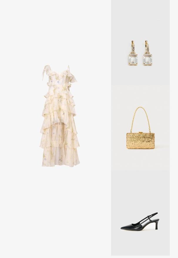 Oblačilo z cvetličnim potiskom, z večplastnimi ruffled, spaghetti naramnicami in visoko-nizkim robom. Narejeno iz lahkega, tekočega materiala v nežni kremni in pastelnih barvah.; Črne lakaste slingback pete s koničastim nosom, ki imajo teksturiran vzorec kačje kože, nastavljiv trak in kratek teksturiran blok peto.; Zlata torbica s pomičnim šalom v pravokotni obliki, z zasukano verižico in kovinskim zapiranjem, ki odseva svetlobo z teksturirano površino.; Zlato obarvani uhani, ki vsebujejo pravokoten, prozoren kristal, obešen pod vrsto majhnih, okroglih prozornih dodatkov. Elegantna, moderna zasnova.