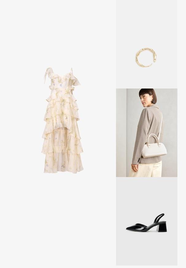 Oblačilo z cvetličnim potiskom, z večplastnimi ruffled, spaghetti naramnicami in visoko-nizkim robom. Narejeno iz lahkega, tekočega materiala v nežni kremni in pastelnih barvah.; Črne lakirane slingback pete s koničastim nosom in geometrijsko blokasto peto. Imajo eleganten, minimalističen dizajn in gladko teksturo.; Bela strukturirana torba z kratkimi ročaji in naramnim trakom, z zlatimi okrasnimi elementi in teksturiranim materialom, prikazana na sivi podlagi.; Zlati prstan s organskim, zvitim dizajnom, gladko površino in taperiranimi konci, ki ustvarja modernega, skulpturalnega videza.