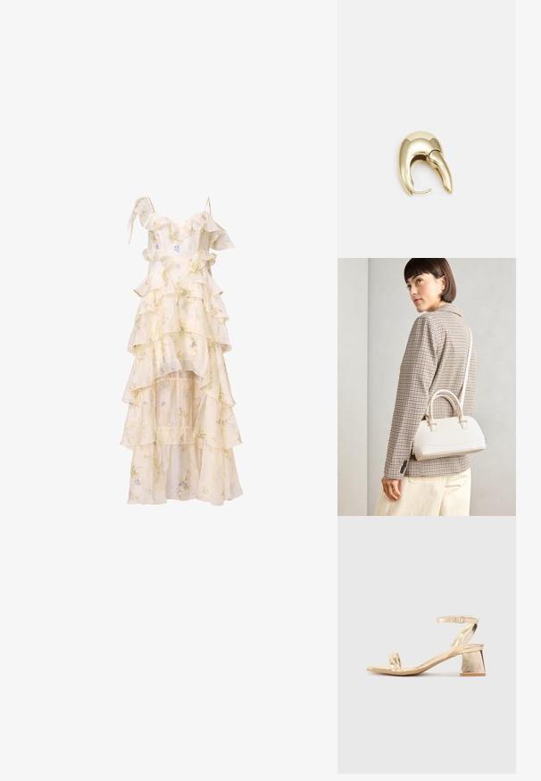 Gėlių rašo su sluoksniuotomis volanėlėmis, spaghetti petnešomis ir aukščiau-žemiau sijonu. Pagaminta iš lengvos, plazdančios medžiagos švelnių kremų ir pastelinių spalvų.; Aukso metalinis kulnas sandalai su kampiniu bloku, dviem dirželiais virš pėdos ir reguliuojamu kulkšnies dirželiu. Lygus paviršius.; Balta struktūruota rankinė su trumpomis rankenomis ir peties diržu, su auksinėmis detalėmis ir tekstūruota medžiaga, pastatyta prieš pilką foną.; Aukso tono metalinės auskarai su stilingu, kreiviu dizainu. Išsiskiria ryškiu smailiu pavidalu, poliruota paviršiumi ir užsegimu su vyriu.