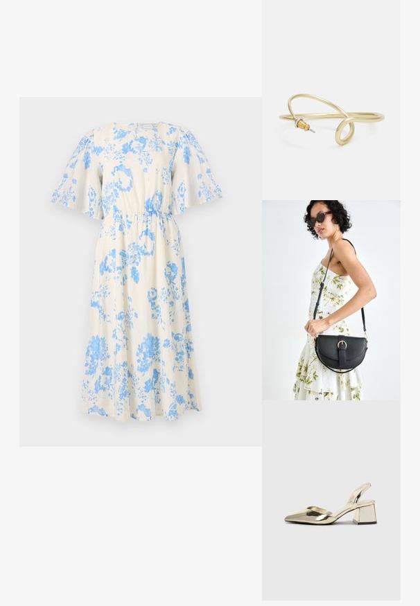 Cvetna obleka v kremni barvi z modrimi vzorci, ki ima kratke naborke, elastičen pas in obliko lahkotne krila.; Zlati, kovinski slingback čeveljci z ostrim nosom in masivnim peto. Gladka tekstura, minimalistična zasnova in ozka zanka.; Črna usnjena torbica s ukrivljeno obliko, z odstranljivo naramnico in zlatimi dodatki. Torbica ima pokrov s podrobnostmi v obliki zaponke.; Zlato obarvan kovinski zapestnica s tekočim, ukrivljenim dizajnom. Ima majhen, izstopajoč srebrn poudarek na enem koncu.