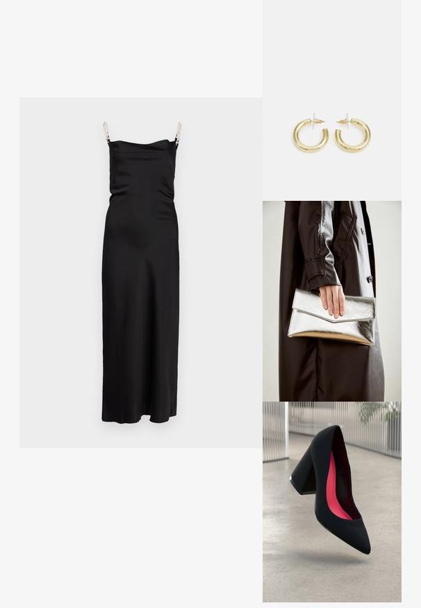 Melna satīna maksi kleita ar brīvu piegriezumu, kurai ir plūstoša apkakle un rotāti spageti plecu izgriezumi. Gluda tekstūra, minimālisma dizains.; Melna augsta papēža kurpe ar smailu purngalu, teksturētu virsmu un dzīvespriecīgu rozā interjeru. Satur masīlu papēdi ar sudraba akcentu.; Sudraba metāla aploksne ar leņķveida dizainu, gludu tekstūru un kontrastējošu iekšējo krāsu, ko tur rokā, kas tērpta melnā mētelī.; Zelta auskari ar gludu, spīdīgu apdari. Apaļš dizains, kas ietver mazu tapu un caurspīdīgu pamatni drošai valkāšanai.