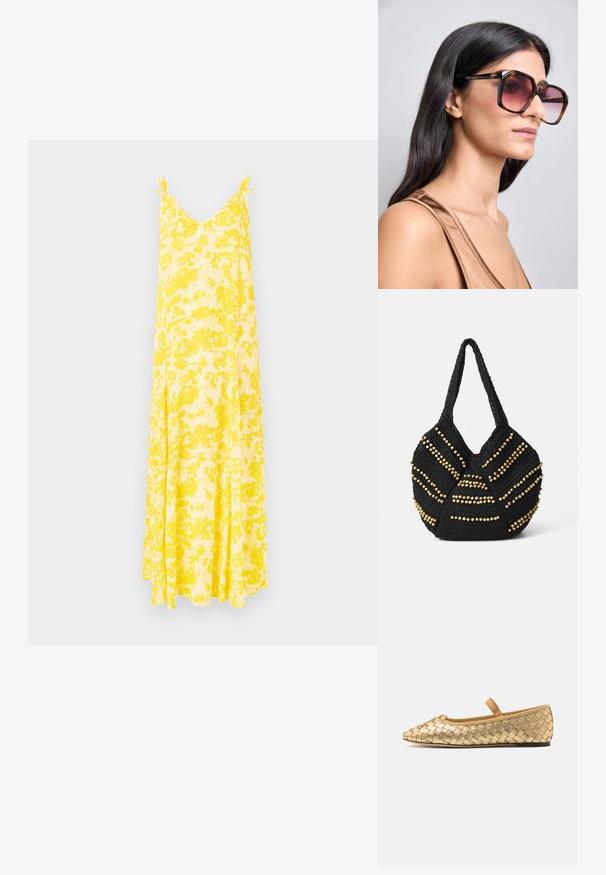 Rochie maxi galbenă cu flori, cu decolteu în V și bretele subțiri, având o siluetă fluidă și un material ușor, ideală pentru vreme caldă.; Loeffler Randall LEONIE SOFT BALLET FLAT - Balerini cu barete - gold; Ochelari de soare mari, pătrați, cu un cadru din tortois și lentile roz cu un gradient. Prezintă un accent cu logo de aur pe sprânceană.; Vanessa Bruno PANIER - Geantă crossbody - noir