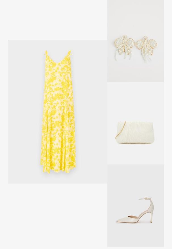 Sárga virágmintás maxi ruha V nyakkivágással és vékony pántokkal, amely folyékony sziluettel és könnyű anyaggal rendelkezik, ideális meleg időjárásra.; Fehér bőr, magassarkú cipő hegyes orral, bokapánttal és vékony tűs sarkal. Simaszövet, finom fényes felülettel.; Fehér, textúrált kistáska gyűrött dizájnnal, arany lánc pánttal. Simító felület finom hullámokkal és lekerekített élekkel.; Gyöngyvirág fülbevalók arany díszítéssel. Minden szirmon apró, kerek gyöngyök találhatók, amelyek virágos mintát alkotnak, és gyöngyös részletekkel vannak díszítve.
