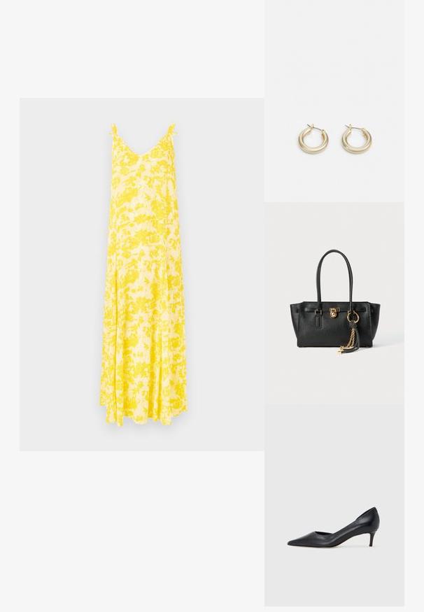 Yellow floral maxi dress with a V-neck and thin straps, featuring a flowing silhouette and lightweight fabric, ideal for warm weather.; Black leather pump with a pointed toe and low heel. Features a smooth texture and subtle sheen. Open cut at the front for added detail.; Black leather handbag with double handles, gold lock and chain detail, and black-and-white tassel accessory against white background.; Lauren Ralph Lauren BASIC SMALL HOOP - Earrings - gold-coloured