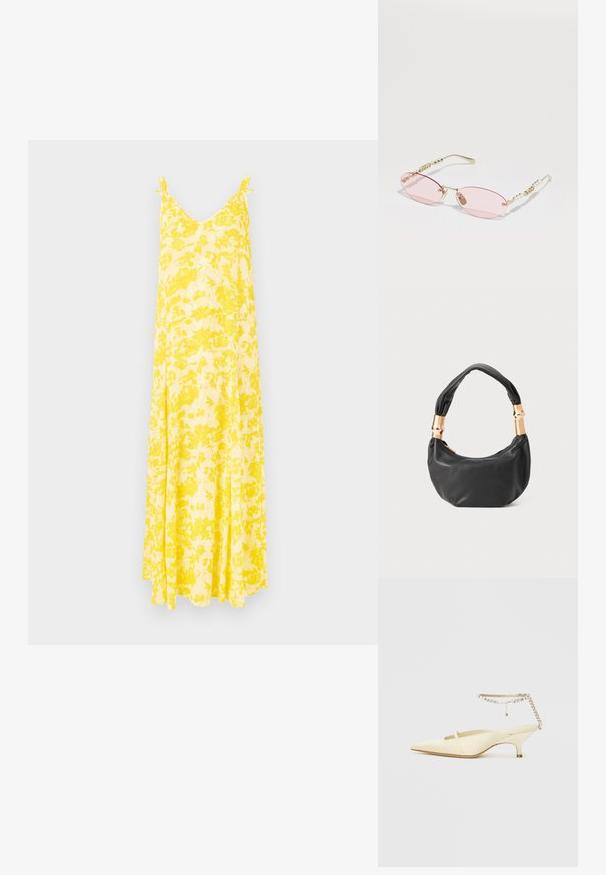 Žuta cvjetna maksi haljina s V-izrezom i tankim trakama, koja ima lepršavu siluetu i laganu tkaninu, idealna za tople dane.; Žute satenske cipele s točkom, otvorenom petom i niskim potpeticom, s dekorativnim lančićem oko gležnja koji sadrži cirkone. Glatka tekstura, minimalistički dizajn.; Gucci Sunčane naočale - gold-coloured/pink; Crna kožna torba s okruglim oblikom, mekim teksturom i čvorastom ručkom s zlatnim metalnim detaljima. Zatvaranje na patentni zatvarač.