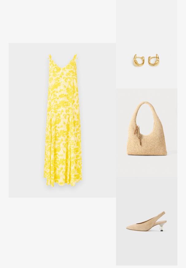Sárga virágmintás maxi ruha V nyakkivágással és vékony pántokkal, amely folyékony sziluettel és könnyű anyaggal rendelkezik, ideális meleg időjárásra.; Beige bőrből készült slingback cipő hegyes orral és átlátszó, kerek sarokkal. Simás textúra és minimalista forma.; Szőtt bézs kézitáska ívelt fogantyúval, textúrált felülettel és barna bojtos díszítéssel. Lazán lecsüngő, hobo stílusú forma jellemzi.; Arany karika fülbevalók sima, lekerekített kialakítással, fényes felülettel. A fülbevalók kompakt, tömzsi formájúak, és zökkenőmentes kapoccsal rendelkeznek.