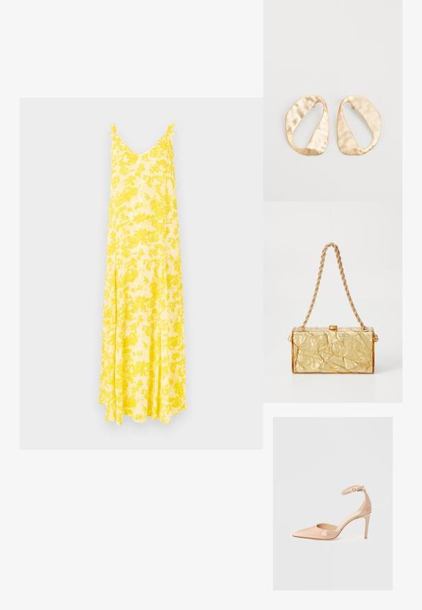 Gul blomstret maxikjole med V-udskæring og tynde stropper, der har en svævende silhuet og let stof, ideel til varmt vejr.; Nude patentlæder spidse tå sko med ankelrem og stilettohæl, der har en glat overflade og minimalistisk design.; Gul, krøllet taske med rektangulær form, udstyret med en kædestrop og en lås på toppen. Glat, skinnende overflade.; Et par uregelmæssige ovalformede øreringe i guldtonet metal med en tekstureret, let hamret overflade på en hvid baggrund.