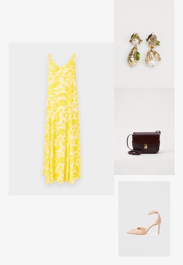 Yellow floral maxi dress with a V-neck and thin straps, featuring a flowing silhouette and lightweight fabric, ideal for warm weather.; Nude patent leather pointed-toe shoe with an ankle strap and a stiletto heel, featuring a smooth texture and minimalistic design.; Brown leather bag with a flap closure, gold accent hardware, and an adjustable strap. Features a smooth texture and a sleek rectangular shape.; Gold-tone earrings feature irregular textured shapes, adorned with green gemstones and white pearls, secured with clip-on fasteners.