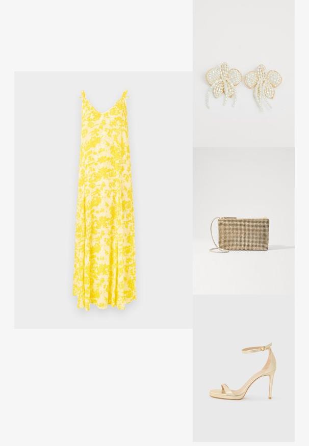Vestido maxi floral amarillo con escote en V y tirantes finos, que presenta una silueta fluida y una tela ligera, ideal para el clima cálido.; Sandalia de tacón alto metálica dorada con punta abierta, correa en el tobillo con hebilla y suela de plataforma para mayor altura. Textura suave.; Loeffler Randall YASMINE FLAT CLUTCH - Bandolera - gold; Pendientes en forma de flor con perlas y acentos dorados. Cada pétalo presenta pequeñas perlas redondas dispuestas en un diseño floral, con detalles de perlas colgantes.