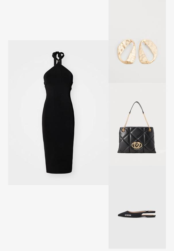 Fekete, pántos nyakú ruha, mely testhez simuló fazonú, sima anyagból készült. Csavart nyakkendővel és minimalista dizájnnal rendelkezik.; Fekete, pántos lapos cipők hegyes orral, sima anyagból. A "LOVE MOSCHINO" felirat fehér színben díszíti őket, minimalistakialakítással.; Fekete steppelt kézitáska műbőrből arany lánc pánttal, kiemelkedő arany logóval és gyémánt mintázattal a felületen.; Egy pár szabálytalan, ovális formájú, aranyszínű fém fülbevaló, enyhén kalapált felülettel, fehér háttéren.