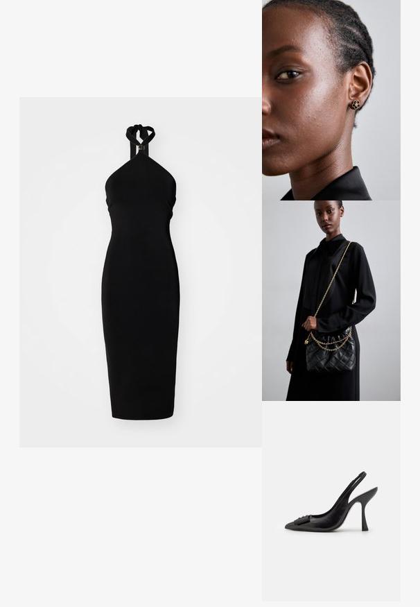 Crna halter haljina s prilagođenom siluetom, napravljena od glatke tkanine. Ima uvrteni vratni remen i minimalistički dizajn.; Crna kožna slingback cipela s uskim vrhom, vitkim visokom petom i dekorativnom mašnom. Glatka tekstura i elegantan dizajn.; Crna naslagana kožna torba s naboranim vrhom, zlatnim lančićem i pravokutnim oblikom, držana uz jednostavnu pozadinu.; Zlatne cvjetne naušnice sa teksturiranim crnim središtem i delikatnim detaljima. Na profilu su vidljive modelove bistre kože i pletena kosa.
