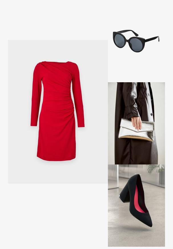 Röd långärmad klänning med draperad design, som har en samlad sidodetalj och en dold dragkedja bak. Slät tyg, knä-lång.; Svart högklackad sko med spetsig tå, texturerad yta och en livlig rosa inredning. Har en kraftig klack med silverdetaljer.; Svarta överdimensionerade solglasögon med kattögaform, mörkt tonade linser och blank plastbåge. Har tjocka skalmar för stöd.; Silverfärgad metallisk kuvertväska med en vinkelrät design, slät textur och kontrasterande innervärd, hålls i en hand som bär en svart kappa.