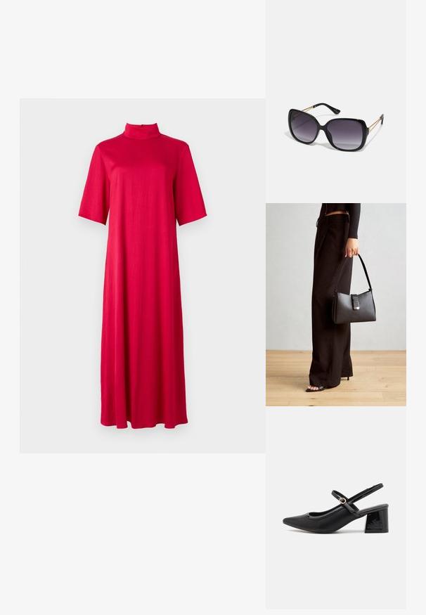 Rød, knælang kjole med høj krave og korte ærmer. Lavet af et glat, let stof med en løs, flydende silhuet.; Sorte patentlæder slingback hæle med spids tå, rund udskæring og blokhæl. Har en guldtonet spændeaccents.; Sorte oversized solbriller med gradientlinser, tykke stel og guldfarvet kæde detaljer på tempelarmene.; Sort håndtaske med struktureret form, glat overflade og metalspænde. Sammen med brede sorte bukser og sandaler med åben tå på trægulv.