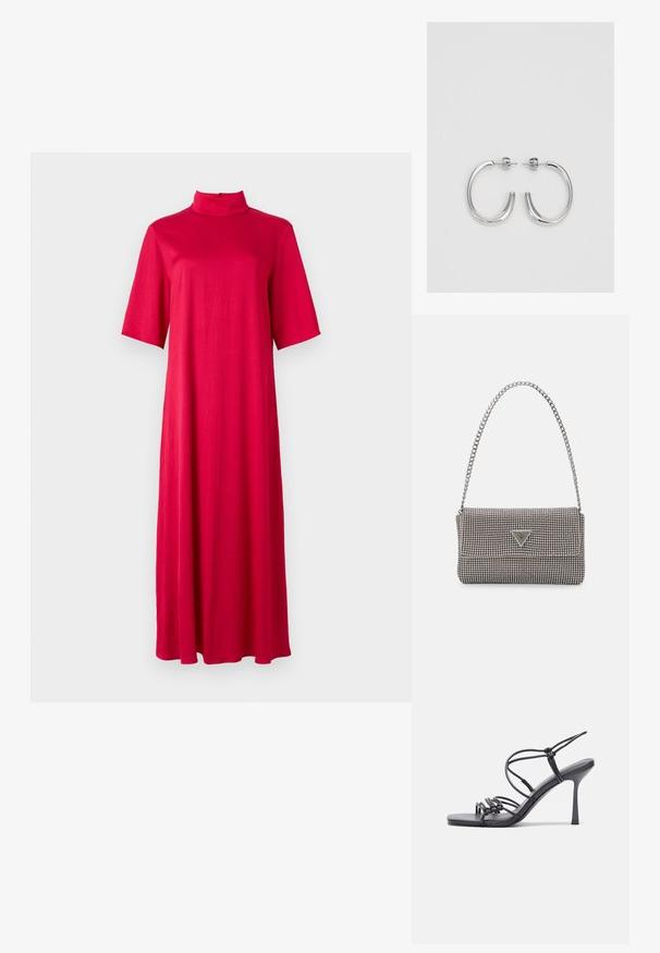 Punainen, polvipituinen mekko, jossa on korkea kaulus ja lyhyet hihat. Valmistettu sileästä, kevyestä kankaasta, jossa on rento, virtaava leikkaus.; Mustat korkokengät sandaalit, joissa on ohuet hihnat solmittuna, sileä neliön muotoinen varvasosa ja tyylikäs stiletto-korko.; Vaalea harmaa metallinen käsilaukku, jossa on ketjusanka. Laukku on koristeltu pienillä pyöreillä metallikoruilla ja kolmion muotoisella brändilogolla.; Hopehopeet hopehopeet hopehopeet hopehopeet, jolla on sileä, kiiltävä pinta. Pyöreä muoto, kevyt rakenne, jossa on neulakiinnitys.