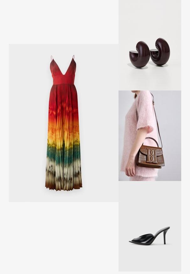 Rochie maxi cu decolteu adânc în V, ce prezintă pliseuri. Gradient de culoare de la roșu la portocaliu, trecând la verde și maro la tiv. Bretele ajustabile.; Mule-uri negre din piele cu toc înalt, cu vârf deschis, design ascuțit, textură fină și toc subțire stiletto.; Geantă maronie cu embossing de crocodil, dotată cu un mâner superior și o curea de umăr. Prezintă un logo proeminent pe clapeta din față. Textură moale.; Sculpturi curbe de un burgund profund, cu un finisaj lucios, având decupaje în formă de jumătate de cerc și o textură netedă, asemănându-se cu forme abstracte de melc.