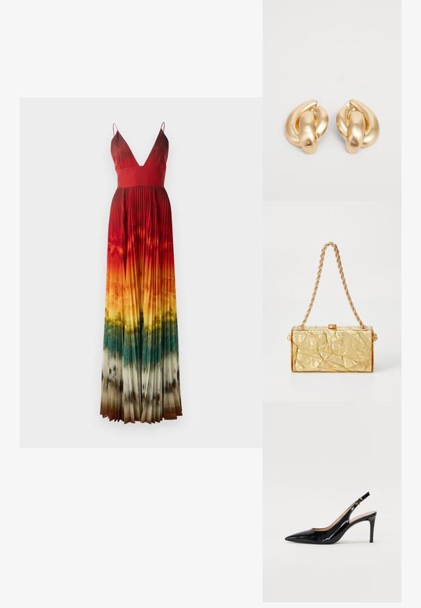 Maxi-jurk met een diepe V-hals, voorzien van plooien. Kleurverloop van rood naar oranje, overgaand naar groen en bruin aan de onderrand. Verstelbare bandjes.; Zwarte gepatineerde leren slingback pump met een puntige neus, slanke hak en een subtiel uitgesneden ontwerp. Bevat een gouden gesp op de band.; Gouden handtas met gekreukt textuur en een rechthoekige vorm, voorzien van een kettingriem en een sluiting bovenop. Gladde, glanzende afwerking.; Gouden metalen oorbellen met een gedraaide design, een gladde, glanzende oppervlakte en ronde vormen. Elke oorbel is ongeveer 5 centimeter groot.