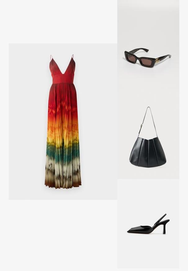 Maksi kleita ar dziļu V veida kakla izgriezumu, ar krokām. Krāsu gradients no sarkanas uz oranžu, pārejot uz zaļu un brūnu apakšmalā. Regulējamas siksnas.; Melnas ādas slingback kurpes ar norādītu purngalu, minimālisma dizainu, plānu potītes jostu un elegantām stiletto papēžiem. Gluda tekstūra.; Melna bruņurupuču stila sauļošanās brilles ar taisnstūra lēcām, brūnu toņu, biezām rāmēm un zelta dubulto-G logo detaļu uz tempļa.; Melnas ādas plecu soma ar krokotu dizainu, gludu faktūru, vienu siksnu un smalku zelta aparatūru.; Zelta tonis apļveida auskari ar pusmēness formu, pulētu virsmu un lūka aizdari. Gluda tekstūra un spīdīga apdare uzlabo redzamību.