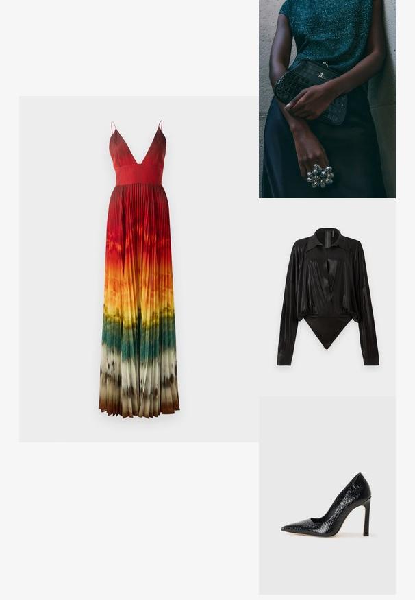 Maxi šaty s hlbokým výstrihom do V, s plisovaním. Farebný prechod od červenej po oranžovú, prechádzajúci do zelenej a hnedej na leme. Nastaviteľné ramienka.; Čierny body s dlhými rukávmi, výstrihom do V a priliehavým strihom. Vyrobené z lesklého, hladkého materiálu so štruktúrovaným golierom a manžetami.; Čierna lodička s špicatou špičkou a lakovanou textúrou krokodíla, s elegantným dizajnom, vysokým stiletto podpätkom a hladkým čiernym interiérom.; Čierna clutch kabelka s krokodílovým vzorom a striebornými kovovými prvkami, držaná proti textúrovanému sivému pozadiu. Má lesklý povrch.