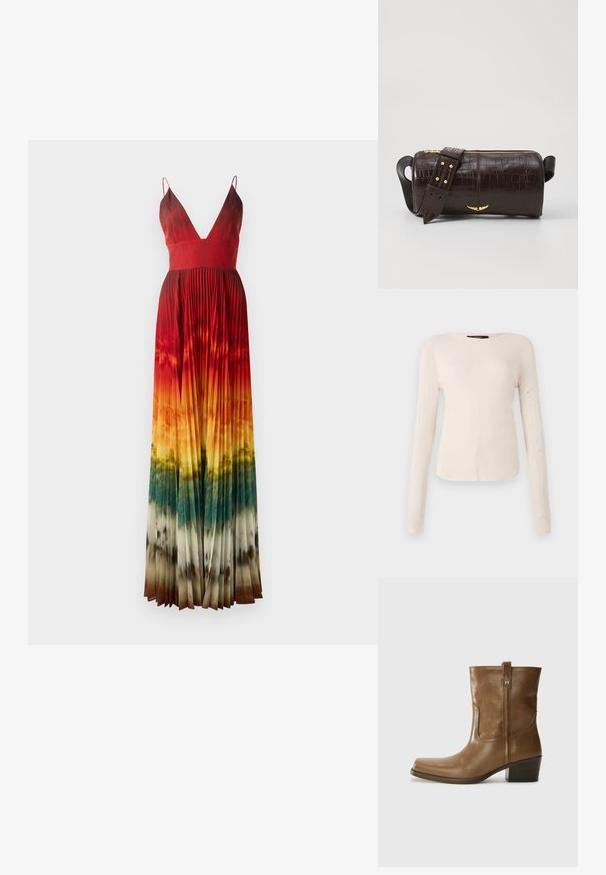 Maxi ruha mély V-nyakkivágással, redők részletezéssel. Színátmenet pirosról narancssárgára, a szegély felé zöldre és barnára váltva. Állítható pántokkal.; Hosszú ujjú, világos bézs blúz kerek nyakkivágással. Puha anyagból készült, középső varrással és enyhén ívelt szegéllyel rendelkezik. Nincs rajta látható fémrész.; Barna bőrből készült bokacsizma négyzet alakú orral, texturált felülettel és alacsony, rakott sarkával. Hátsó húzófüllel és finom varrási részletekkel rendelkezik.; Barna krokodilbőr hatású bőr táska henger alakú, arany tónusú fémveretekkel és lecsatolható, szegecsekkel díszített pánttal.