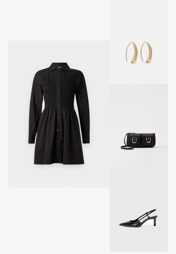 Fekete ingruha hosszú ujjakkal, gombos elülső résszel, rugalmas melltartó résszel és bővülő szoknyával. Simaságával és szabott vonalával tűnik ki.; Fekete lakk slingback sarok, hegyes orral, texturált kígyómintával, állítható pánttal és rövid, texturált tömbsarkal.; Fekete bőr keresztbody táska két elülső zsebbel, arany csattokkal, cipzáras záródással és vékony pánttal. Textúrált felület és kompakt téglalap alak.; Aranyszínű fémből készült karika fülbevalók ívelt, hosszúkás formával. Simaságával és fényes felületével, valamint lekerekített végével további részletekkel bővül.