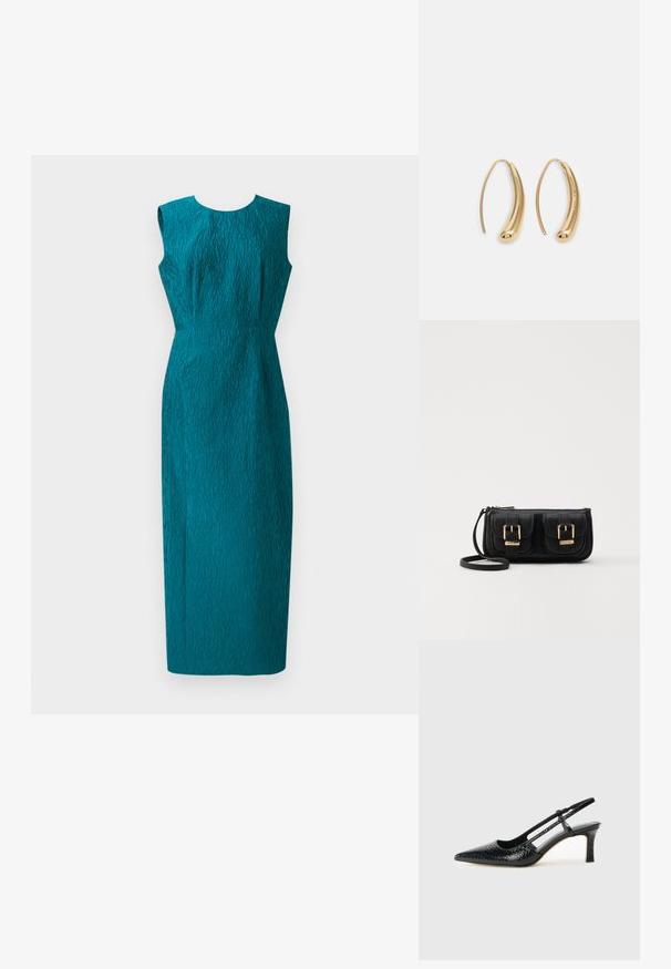Turkusowa sukienka bez rękawów o fakturowanej tkaninie, dopasowanym kroju i długości do kolan. Posiada okrągły dekolt i delikatny wzór falisty.; Czarne lakierowane czółenka na obcasie typu slingback z wąskim noskiem, z teksturowanym wzorem wężowym, regulowanym paskiem oraz krótkim, teksturowanym obcasem w kształcie słupka.; Czarna skórzana torba na ramię z dwoma przednimi kieszeniami, złotymi klamrami, zamkiem błyskawicznym i cienkim paskiem. Teksturowana powierzchnia i kompaktowy prostokątny kształt.; Złote metalowe kolczyki w kształcie obręczy o zakrzywionym, wydłużonym kształcie. Posiadają gładką, błyszczącą powierzchnię oraz zaokrąglony koniec dla dodatkowego efektu.