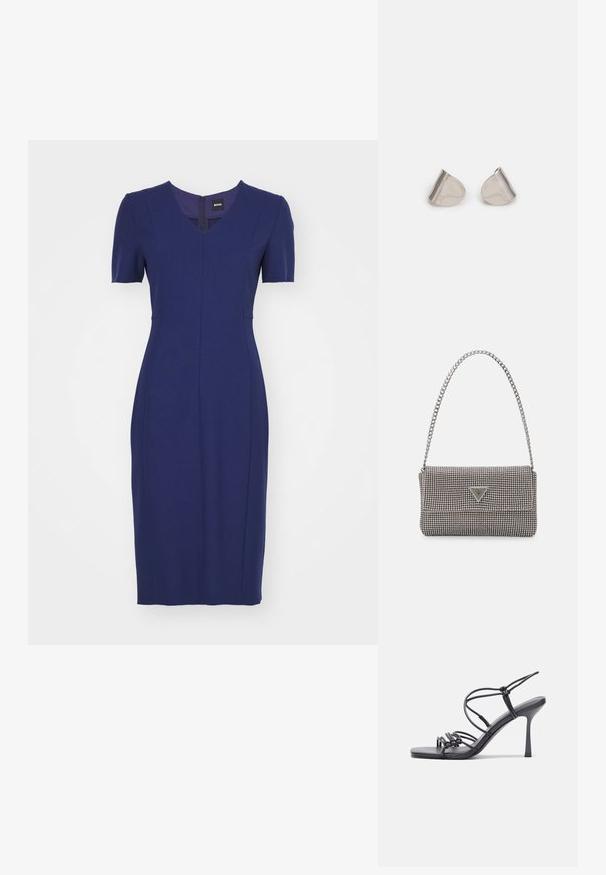 BOSS DAMAISA - Laisvo kirpimo suknelė - open blue; Juodos aukštakulnės sandalai pasižymi plonyčiais dirželiais su mazgo dizainu, lygiu kvadratiniu pirštu ir elegantišku stiletto kulnu.; Šviesiai pilka metalinė rankinė su grandinėlės dirželiu, papuošta mažais apvaliais metaliniais smeigėmis ir trikampiu prekės ženklu.; Sidabriniai metaliniai auskarai su lygiu, ašaros formos dizainu ir blizgiu paviršiumi. Subtilūs raižiniai prideda detalumo. Minimalistinis dizainas.