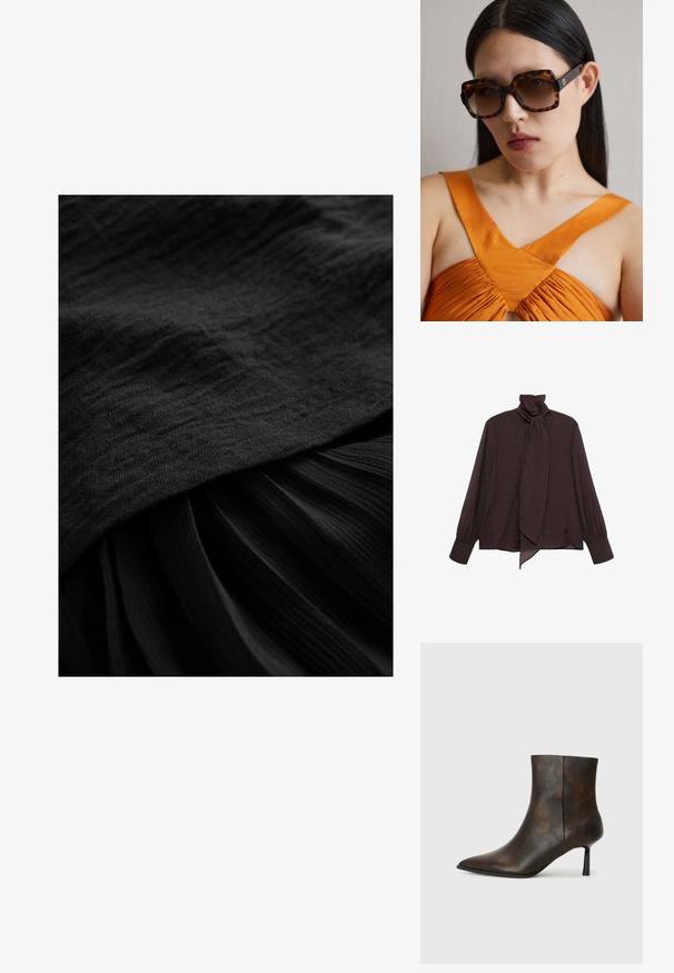 Sort stof med en struktureret overflade, der har et glat toppanel og en plisseret nederste del, begge i en dyb, ensartet sort nuance.; Langærmet bluse i mørkebrunt krøllet stof. Har en høj krave med et bånddetalje og manchetter på ærmerne. Glat, let tekstur.; Brun læder ankelstøvle med spids tå, slankt design og en tynd sort hæl. Struktureret overflade med et subtilt mønster.; Brune skildpaddemønstrede oversized solbriller med en bred rektangulær kant og gradientlinser. Guldfarvet logo detalje på siden.