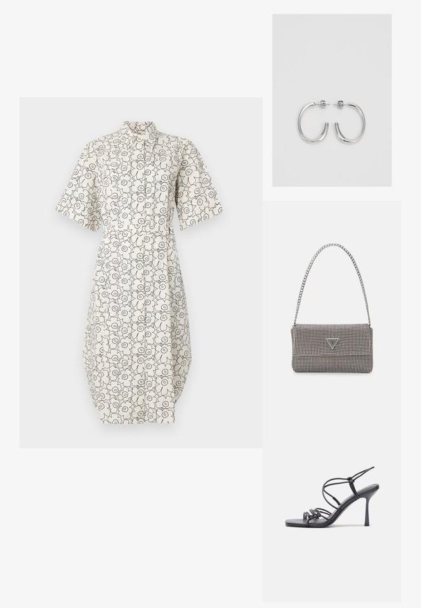Marimekko PIIRTO UNIKKO DRESS - Marškininė suknelė - white; Juodos aukštakulnės sandalai pasižymi plonyčiais dirželiais su mazgo dizainu, lygiu kvadratiniu pirštu ir elegantišku stiletto kulnu.; Šviesiai pilka metalinė rankinė su grandinėlės dirželiu, papuošta mažais apvaliais metaliniais smeigėmis ir trikampiu prekės ženklu.; Sidabrinės auskarai žiedai su lygiu, blizgiu paviršiumi. Suapvalinta forma, lengvas dizainas, su uždarymu ant smeigtuko.