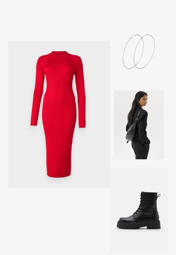 Vero Moda VMWILLOW HIGHNECK CALF DRESS - Džemperkleita - salsa; Melni ādas potītēm zābaki ar apļveida purngalu, auklām priekšpusē un biezu gumijas zoli ar teksturētu protektoru. Velkšanas cilpa aizmugurē.; Sieviete ar garām tumšām matiem, ģērbusies melnā uzvalkā, nēsā melnu ādas plecu somu un skatās pāri plecam uz balta fona.; Sudraba gredzenveida auskari ar minimālistisku dizainu. Cirkulāra forma, gluda tekstūra un plāns profils. Vieglu svaru ar spīdīgu apdari.