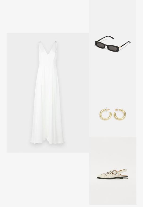 Bijela haljina do poda s V-izrezom i širokim naramenicama. Izrađena od lagane tkanine, s lepršavom suknjom i minimalnim dizajnom.; Sandalice sa zatvaračem u bijeloj koži s višestrukim širokim trakama i srebrnim kopčama; ravni potplat s malim crnim potpeticama i metalnim akcentima.; Crne pravokutne sunčane naočale s tamnim lećama, sjajnim plastičnim okvirom i zlatnim akcentima na sljepoočnicama. Minimalistički dizajn i elegantan oblik.; Zlatne kružne naušnice s glatkom, sjajnom završnom obradom. Kružni dizajn s malom potporom i prozirnom podlogom za sigurno nošenje.