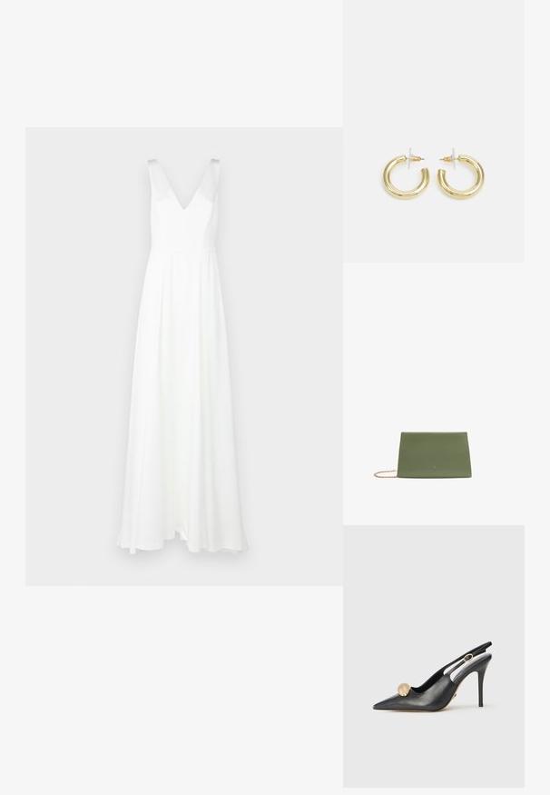 Balta, grindų ilgio suknelė su V formos kaklo iškirpte ir plačiomis petnešėlėmis. Pagaminta iš lengvos medžiagos, su sraunia sijonu ir minimalizmu pasižyminčiu dizainu.; Juodas odinis slingback batelis su smailiu pirštu, auksiniu rutulio akcentu ir plonu kulnu. Turi išpjovų dizainą aplink kulkšnį.; Žalia tekstūruota odinė rankinė su plokščiu dizainu, su rožinėmis auksinėmis grandinėmis ir spausdintu logotipu priekyje.; Aukso auskarai su lygiu, blizgiu paviršiumi. Apvalus dizainas su maža užrakto dalimi ir skaidria atrama saugiam nešiojimui.