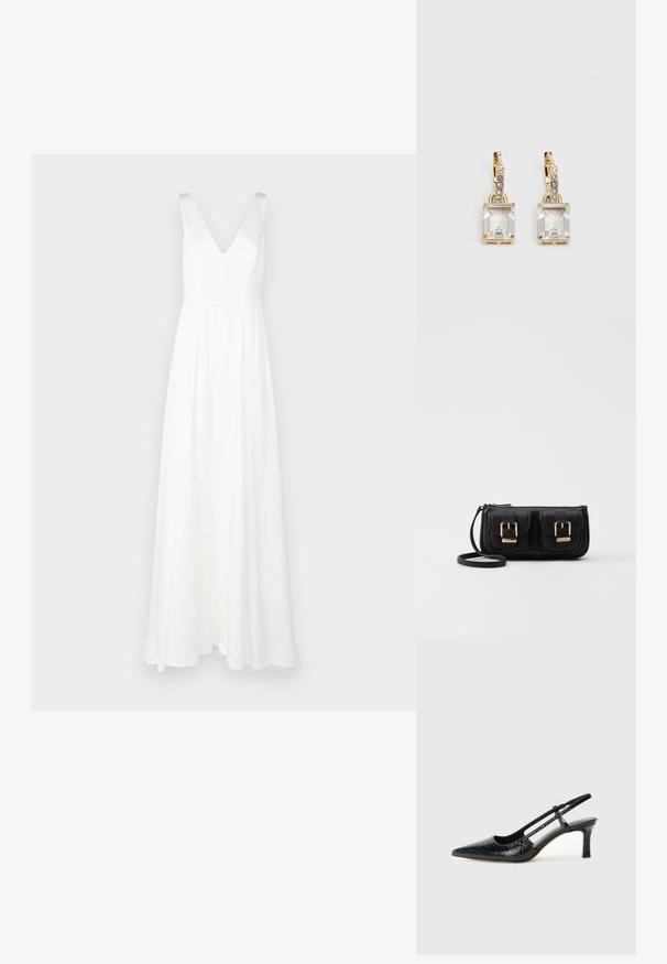 Witte, vloerlange jurk met een V-hals en brede bandjes. Gemaakt van lichte stof, met een vloeiende rok en een minimalistisch ontwerp.; Zwart patent slingback hak met een spitse neus, voorzien van een gestructureerde slangenprint, verstelbare band en een korte, gestructureerde blokhak.; Zwarte leren schoudertas met twee vo pockets, gouden gespen, ritsluiting en een smalle band. Tekstuur oppervlak en compacte rechthoekige vorm.; Gouden oorbellen met een rechthoekige, heldere kristal die onder een rij kleine, ronde heldere accenten hangt. Strak, modern ontwerp.