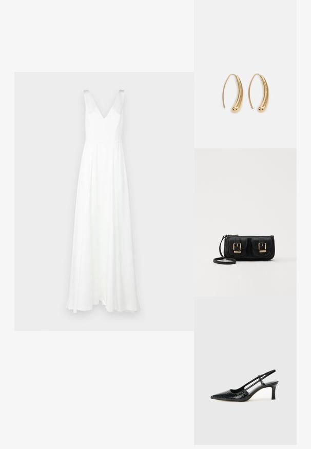Biele šaty krajčiarskeho strihu až po zem s výstrihom do V a širokými ramienkami. Vyrobené z ľahkej látky, s prúdiacou sukňou a minimalistickým dizajnom.; Čierne patentové slingback topánky na ihlovom podpätku s špicatou špičkou, s textúrovaným hadím vzorom, nastaviteľným popruhom a krátkym, textúrovaným blokovým podpätkom.; Čierna kožená crossbody taška s dvoma prednými vreckami, zlatými sponami, zipsovým uzatváraním a úzkym popruhom. Štruktúrovaný povrch a kompaktný obdĺžnikový tvar.; Náušnice vo forme zlatých kovových kruhov s zakriveným, predĺženým tvarom. Majú hladký, lesklý povrch a zaoblený koniec pre pridanie detailu.
