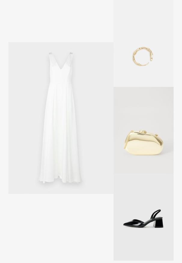 Weißes, bodenlanges Kleid mit V-Ausschnitt und breiten Trägern. Hergestellt aus leichtem Stoff, mit einem fließenden Rock und minimalistischen Design.; Schwarze Lackleder-Slingback-High Heels mit spitzem Schuh und einem geometrischen Blockabsatz. Verfügt über ein schlankes, minimalistisches Design und eine glatte Textur.; Metallisch goldene Clutch mit einer glatten, abgerundeten Form, ausgestattet mit einem oberen Druckknopfverschluss und einem kleinen Kettenriemen zum Tragen.; Goldfarbener Ring mit einem organischen, gedrehten Design, glatter Oberfläche und sich verjüngenden Enden, was ein modernes, skulpturales Erscheinungsbild erzeugt.
