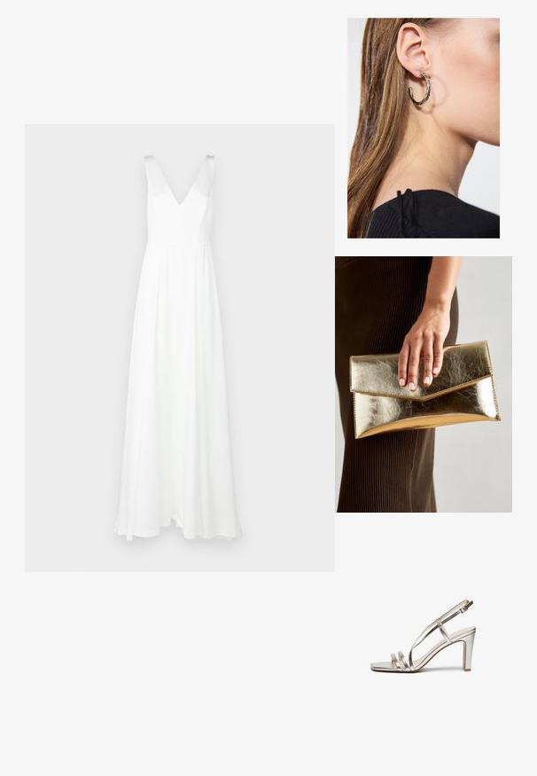 Vestido blanco hasta el suelo con escote en V y tirantes anchos. Hecho de una tela ligera, cuenta con una falda fluida y un diseño minimalista.; Sandal de tacón alto en plateado metálico con punta abierta, que presenta tres tiras finas a lo largo del pie y una tira en el tobillo con hebilla.; Bolso de mano metálico dorado con una textura suave, que presenta un cierre de solapa triangular. La mano que lo sostiene tiene las uñas bien cuidadas.; Pendiente de aro de plata con un acabado pulido, que presenta pequeños detalles en dorado y una forma redonda, llevado en el lóbulo.
