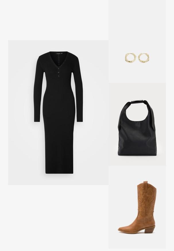 Svart ribbade klänning med långa ärmar, V-ringning och knappdekorationer nedtill. Åtsittande silhuett och golvlång design.; Bruna lädercowboystövlar med spetsig tå, broderade virvelmönster på skaftet och en staplad blockklack. Har en dragflik för enkel påtagning.; Svart läderhandväska med en stor öppen topp och en enkel axelrem. Mjuk textur, minimalistisk design, med subtila metallaccenter.; Guldörhängen i form av ringar med en texturerad, oregelbunden form. Har en sömlös stängning och en polerad yta som betonar en modern design.