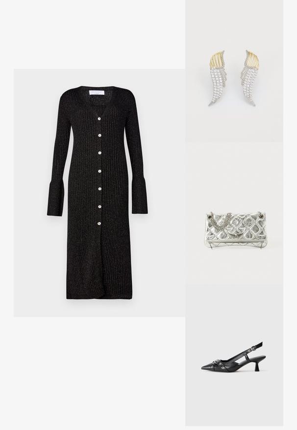 Mustlane ribakootud kardigan pikkade varrukatega, V-kaelusega ja nööpide sulgemisega ees. Omab laienevaid varrukaääreid ja õrna sära.; Must must have must toote tõmblukuga, dekoratiivsed rihmad metallist silmadega ja madal blokk-kand. Tekstureeritud pind.; Hõbedane metallist käekott ahelakäepidemega, koos tepitud tekstuuri, dekoratiivse õmbluse ja lukuga. Esiküljel on embosseeritud aktsendid.; Kaks tiivakujulist kõrvaehte, mis on valmistatud hõbedatooni metallist, millel on selged ümarad kristallid ja kuldtooni metallikattega kihiline disain.