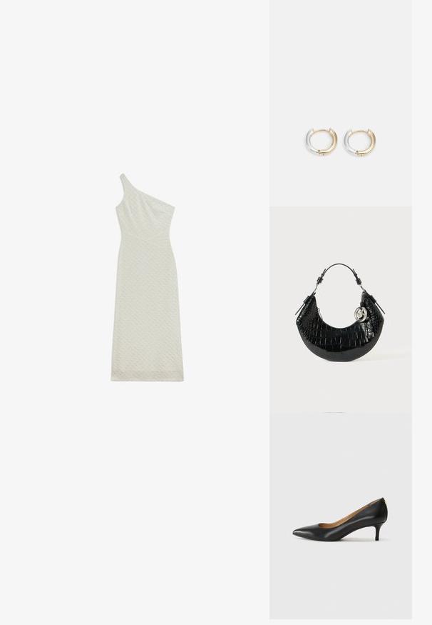 One-shoulder, form-fitting midi dress made of textured cream fabric with a subtle pattern and a diagonally cut hem.; Black leather pump with a pointed toe, low heel, and a smooth texture. Features a slight opening at the front and minimal hardware at the back.; Black faux croc-embossed handbag featuring a curved design, short handle, metal hardware, and a decorative silver accent.; Gold and silver hoop earrings with a mixed metallic finish, featuring a smooth curved design and a seamless closure.