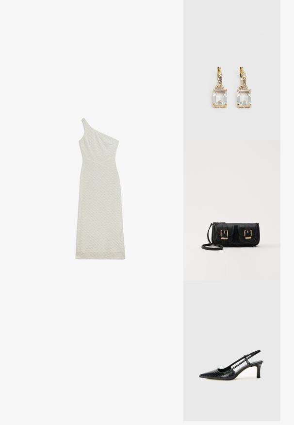Een mouwloze, aansluitende midi-jurk van een gestructureerde crèmekleurige stof met een subtiel patroon en een diagonaal gesneden zoom.; Zwart patent slingback hak met een spitse neus, voorzien van een gestructureerde slangenprint, verstelbare band en een korte, gestructureerde blokhak.; Zwarte leren schoudertas met twee vo pockets, gouden gespen, ritsluiting en een smalle band. Tekstuur oppervlak en compacte rechthoekige vorm.; Gouden oorbellen met een rechthoekige, heldere kristal die onder een rij kleine, ronde heldere accenten hangt. Strak, modern ontwerp.