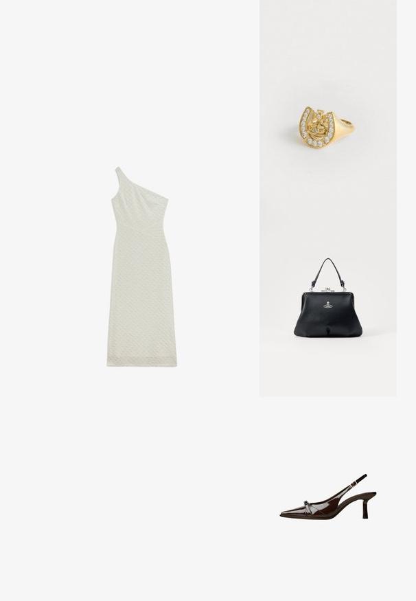 Een mouwloze, aansluitende midi-jurk van een gestructureerde crèmekleurige stof met een subtiel patroon en een diagonaal gesneden zoom.; Bruine gepatineerde leren slingback schoen met een spitse neus, lage hak en een decoratieve strikaccent aan de voorkant. Glad, glanzend oppervlak.; Zwarte leren handtas met een gestructureerde oppervlakte, zilveren hardware, sluiting met een haak, en een korte handgreep om te dragen. Compacter en gestructureerd ontwerp.; Gouden ring met een kroonontwerp binnen een hoefijzer, versierd met kleine heldere edelstenen, op een witte achtergrond.
