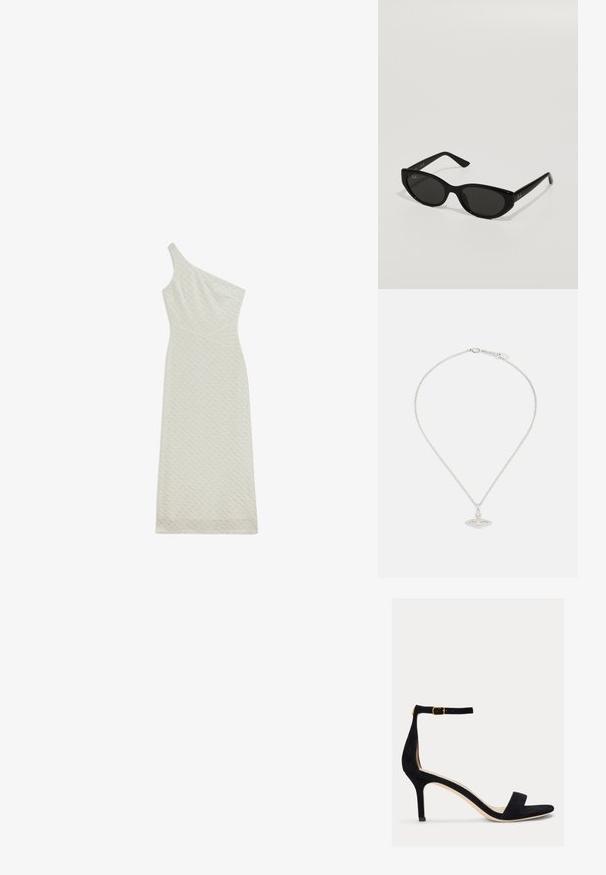 Sukienka midi z asymetrycznym ramieniem, dopasowana, uszyta z teksturowanej, kremowej tkaniny z subtelnym wzorem oraz skosnym dołem.; Lauren Ralph Lauren ALLIE czarny; Czarne okulary przeciwsłoneczne o wąskim, kocim kształcie. Wykonane z gładkiego plastiku, z ciemnymi soczewkami i subtelnymi akcentami logo na zausznikach.; Srebrna naszyjnik z delikatnym łańcuszkiem i owalnym wisiorkiem, ozdobionym misternymi detalami oraz małym akcentem w postaci kamienia szlachetnego.