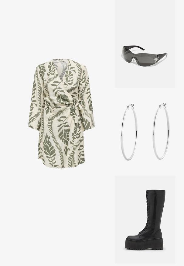 Haljina s vezanjem u krem boji s uzorkom zelenog lišća. Ima duge rukave, remen na vezanje i mekan, strukturirani materijal s lepršavim dizajnom.; Zign LEATHER - Čizme s vezicama - black; Crne sunčane naočale s dizajnom koji se obavija oko glave, tamno obojeni leće, sjajni akcenti u obliku zvijezda i podesive nosače.; Srebrne naušnice u obliku kružnice s glatkom, poliranom površinom i tankim, okruglim oblikom. Dizajn uključuje sigurno kopčanje.