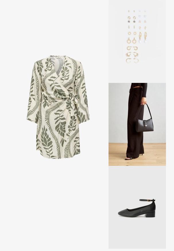 Rochie în crem cu motive de frunze verzi. Are mâneci lungi, un șnur de legare și un material moale, texturat, cu un design fluid.; Pantof cu toc negru din piele, cu vârf ascuțit și toc mic pătrat. Dispune de o curea la gleznă cu o cataramă în tonuri de aur. Textură netedă.; Genți negre cu o formă structurată, textură netedă și un închizător metalic. Asortată cu pantaloni negri largi și sandale cu vârf deschis pe un podea din lemn.; Set de cercei aurii, cu diverse designuri, inclusiv cercei tip stud, cercei hoop și cercei lungi cu perle și strassuri.