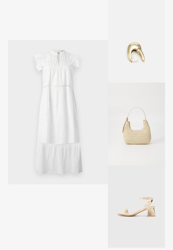 Balta kokvilnas kleita ar īsām volānu piedurknēm, augstu apkakli un mežģīņu apdari. Kleitai ir savilkta krūšu daļa un pakāpenisks apakšmala.; Zeltīta metāla augstpapēžu sandale ar stūrveida bloka papēdi, divām siksniņām virs kājas un regulējamu potītes siksniņu. Gluda tekstūra.; Aušana salmu rokassoma béigā krāsā ar izliekto formu, īsu rokturi un sānu rāvējslēdzēju. Iespējas teksturēta virsma un minimālistisks dizains.; Zeltīti metāla auskari ar gludu, izliekta dizaina. Ar atšķirīgu smailu formu, pulētu virsmu un eņģu aizdari.