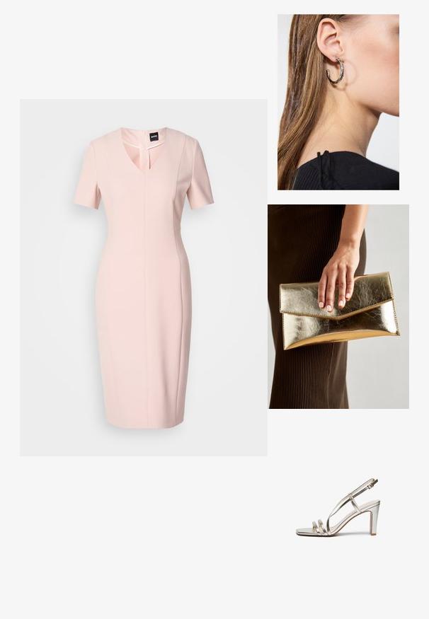 Light pink fitted dress with short sleeves, V-neckline, and front cutout detail. Made from smooth fabric with a tailored silhouette.; Metallic silver high-heel sandal with an open toe, featuring three thin straps across the foot and an ankle strap with a buckle.; Gold metallic clutch bag with a smooth texture, featuring a triangular flap closure. The hand holding it has neatly manicured nails.; Silver hoop earring with a polished finish, featuring small gold accent details and a round shape, worn on the lobe.