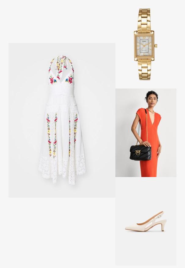 Free People KEILA MIDI - Vapaa-ajan mekko - ivory; Valkoinen slingback-korkokenkä, jossa on terävä kärki, sileä päällismateriaali, matala lohkokorko ja sivuaukko-design säädettävällä soljella.; Musta nahkainen käsilaukku, jossa tikattu kuviointi, kullanväriset metalliosat ja ketjuhihna. Malli pitelee sitä oranssin, teksturoidun mekon päällä.; Kulta-tone suorakulmainen rannekello, jossa on valkoinen kellotaulu, hopeanväriset tuntimerkit ja kestävä metallinen linkkiranneke. Mukana vedenkestävyysominaisuus.