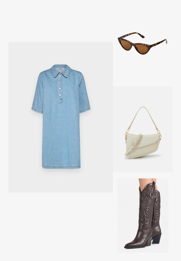 Svetlo modra denim obleka s ovratnikom, kratkimi rokavi, petimi gumbi in okrasnimi šivi. Ima sproščen in raven kroj.; Rjave usnjene kavbojske čevlje z ostrim nosom in blok peto, ki vsebujejo podrobno šivanje in dvignjene dodatke na zgornjem delu.; Mačje oči sončna očala z okvirom v črno-oranžni želvej ohišji, rjavimi lečami in elegantnimi, ostrimi konicami. Imajo minimalistični logo na ročaju.; Mala kremna torbica z teksturiranim zaključkom, dolgim nastavljivim trakom, verižnim poudarkom in zapiranjem na poklop. Detajli iz zlatega kovinskega materiala.